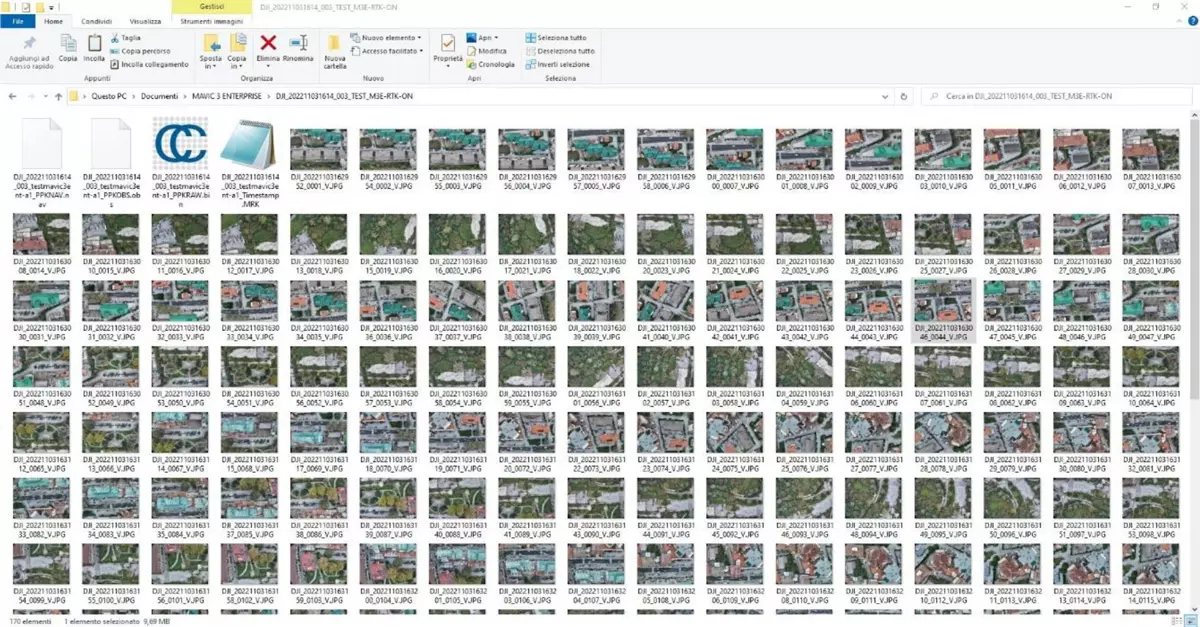 Cartella creata sulla scheda SD del drone con fotografie con EXIF corretto e file .nac, .obs, .bin e .mrk