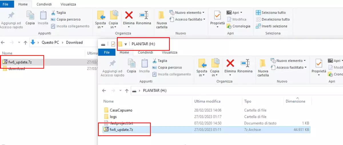 Copia del file .zip dalla cartella download del computer sulla chiave USB di iGUIDE Planix