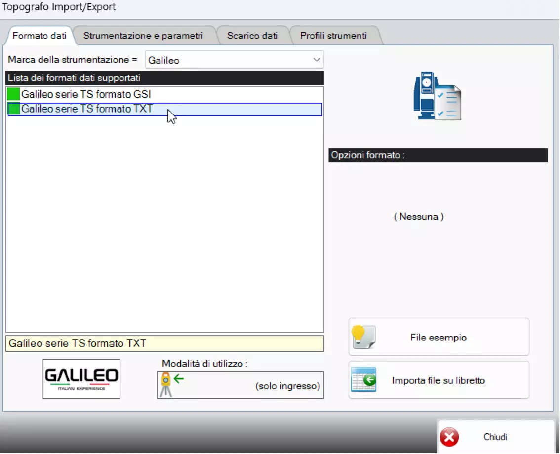 Impostazione formato dati e marca della strumentazione
