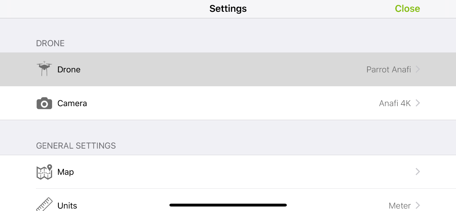 Settaggi dell'app di volo Parrot Anafi - Strumenti Topografici