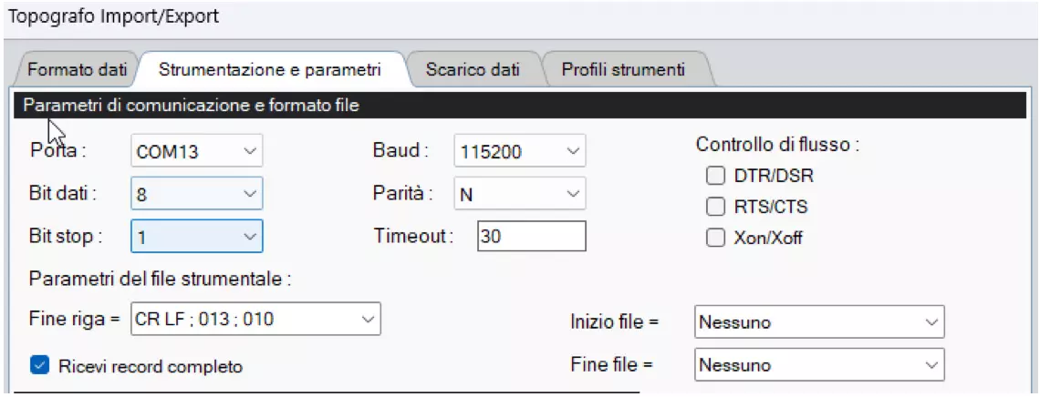 Parametri di comunicazione e formato file per importazione dati da stazione totale in Topografo