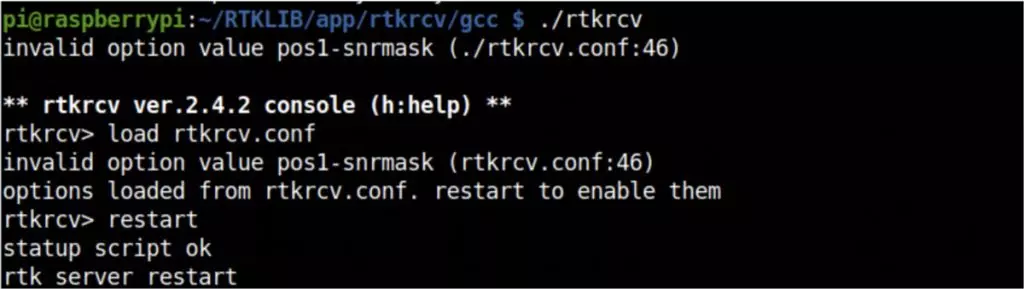 Schermata del terminale in ambiente unix, al lancio del modulo rtkrcv