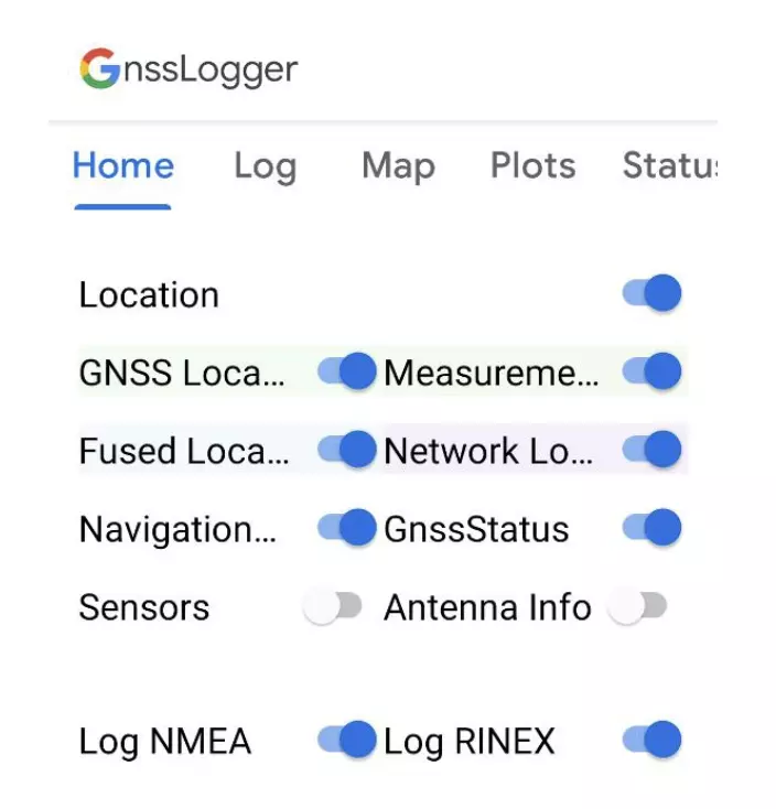 Schermata home dell'applicazione GNSSLogger