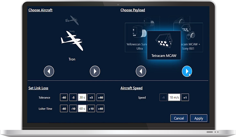 Impostazioni per la progettazione della missione di volo con QBase 3D di Trinity F90+