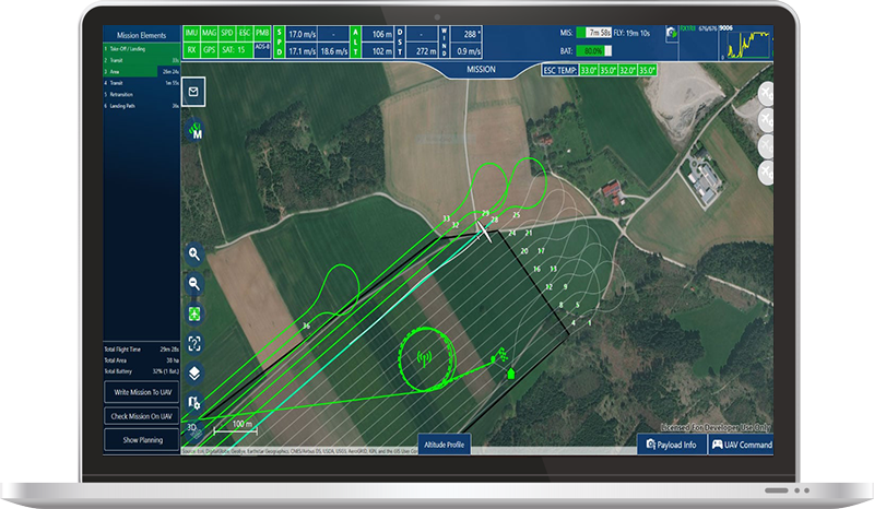Monitoraggio della missione di volo con QBase 3D di Trinity F90+