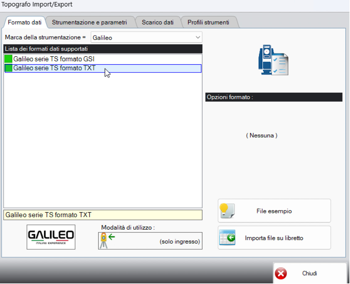 Formato dati per stazione totale Galileo TS-402R